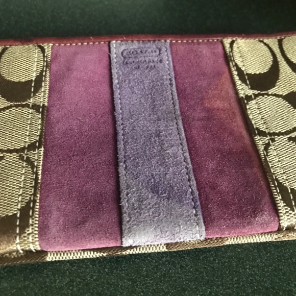 Coach Khaki/Purple Canvas Leather Suede Wristlet - Picture 11 of 16